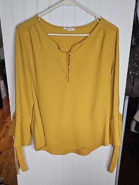 mine Mustard Yellow Button Henley Blouse with Tie Sleeve Detail